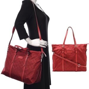 NEW Gucci Red GG Print Nylon Shoulder Bag Tote Leather 510332